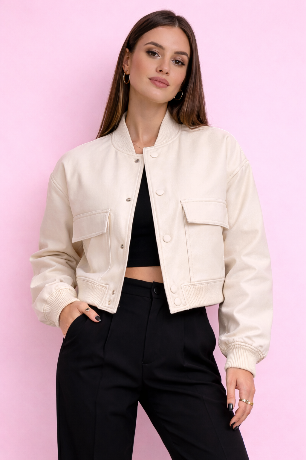 Cropped Bomber Jacket Button Front