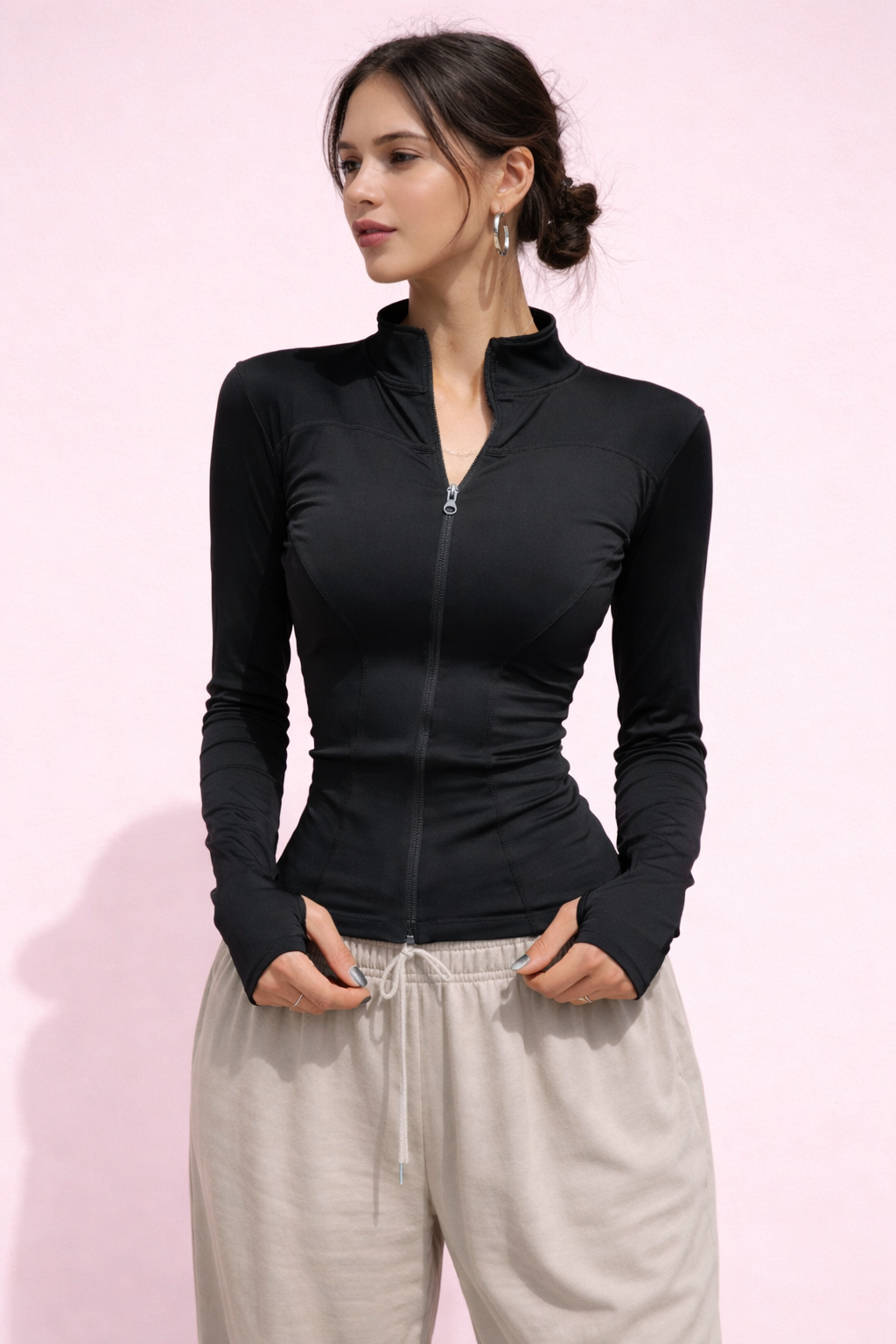 Slim Fit Zip-Up Crop Top Long Sleeve