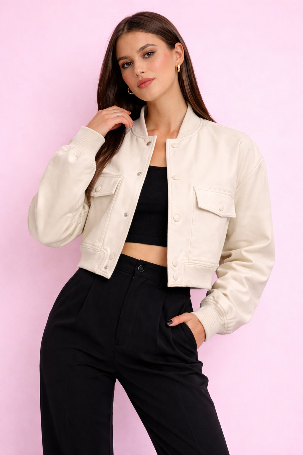 Cropped Bomber Jacket Button Front