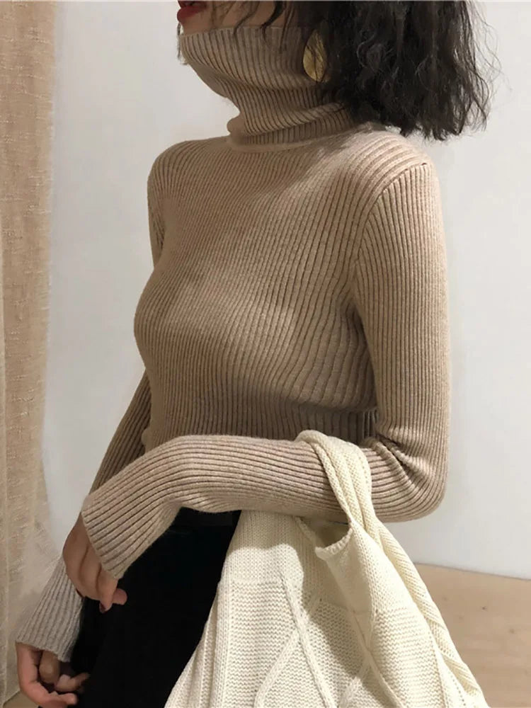 Fold-Over Turtleneck Knit Sweater