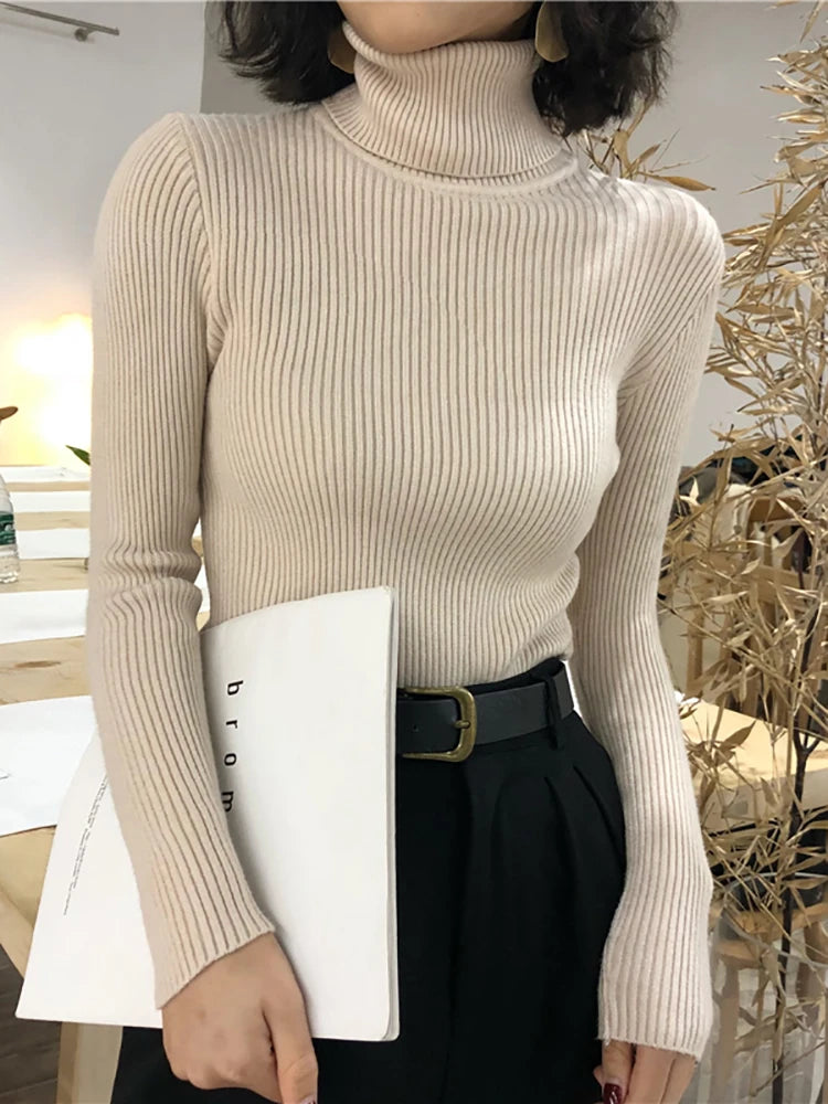 Fold-Over Turtleneck Knit Sweater