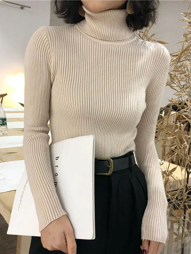 Fold-Over Turtleneck Knit Sweater