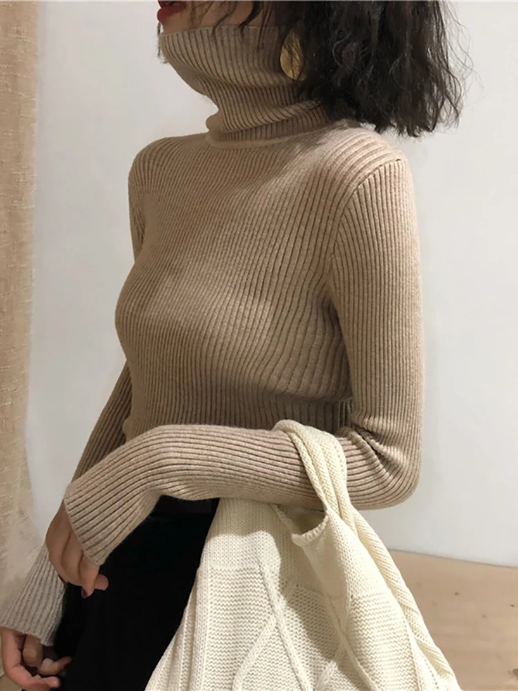 Fold-Over Turtleneck Knit Sweater