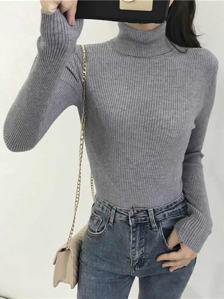 Fold-Over Turtleneck Knit Sweater
