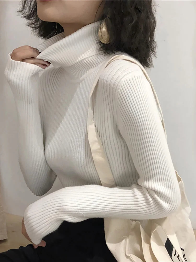 Fold-Over Turtleneck Knit Sweater