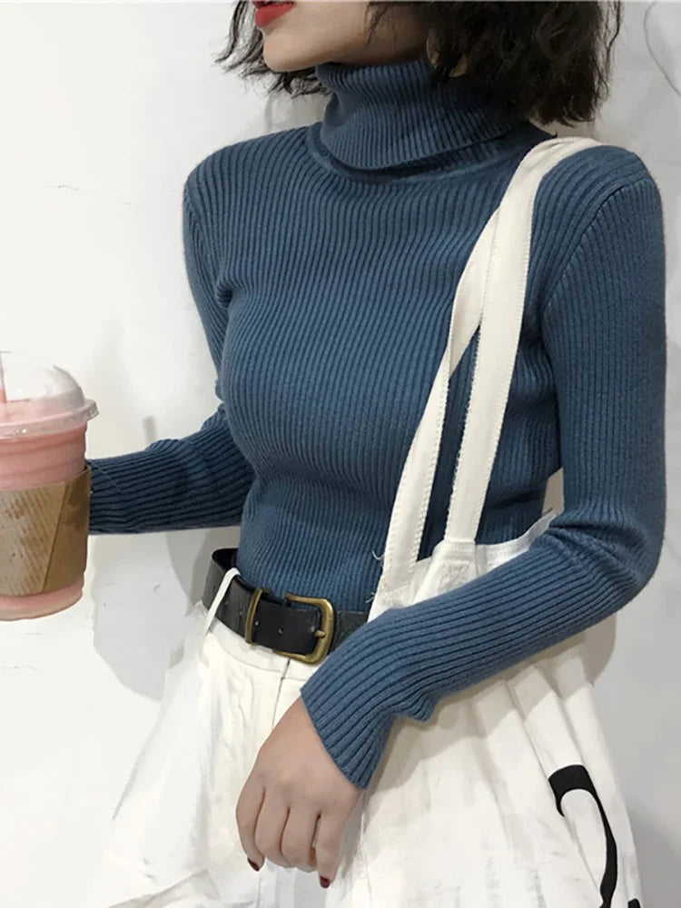 Fold-Over Turtleneck Knit Sweater