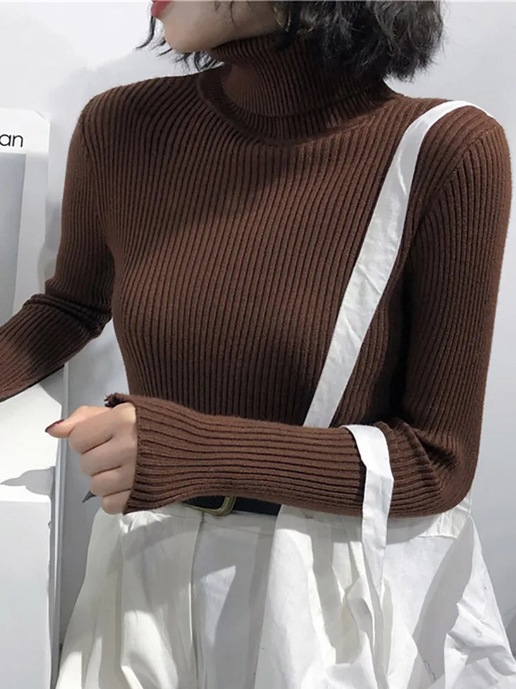Fold-Over Turtleneck Knit Sweater