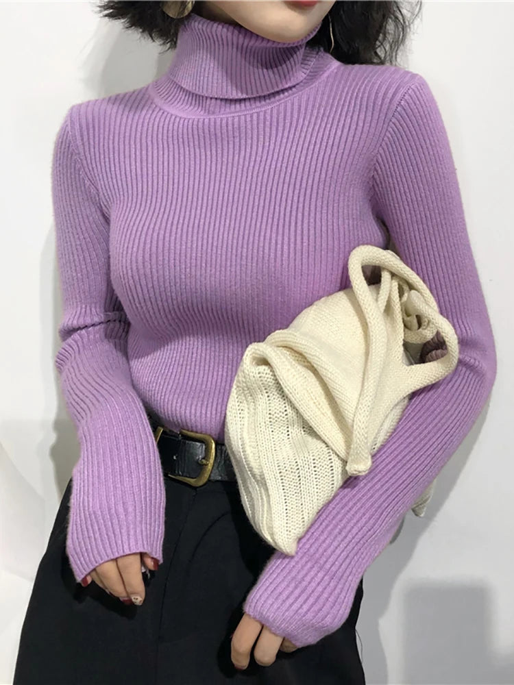 Fold-Over Turtleneck Knit Sweater